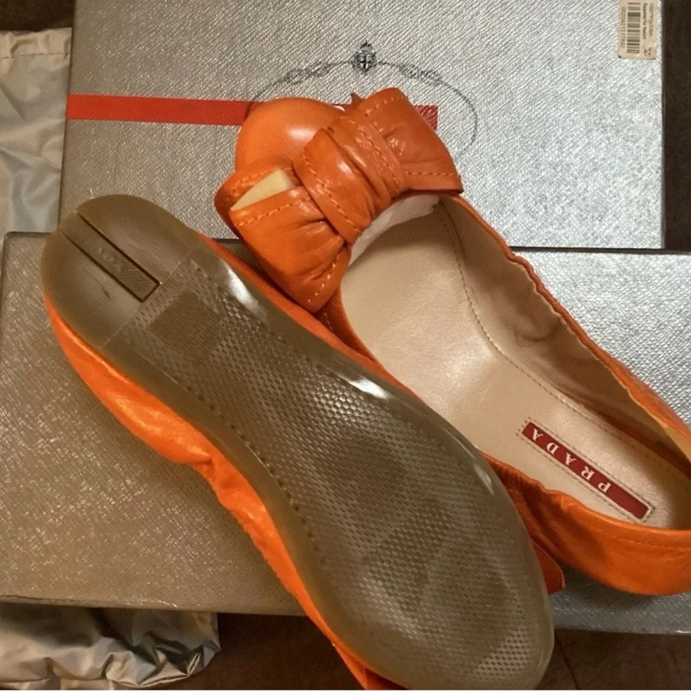 Prada Orange Leather Bow Ballet Flats - Picture 2 of 4